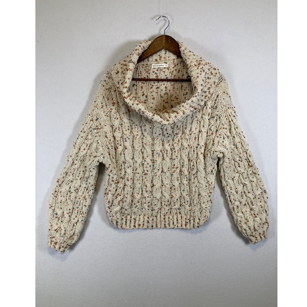Cozychic‎ Moon & Madison Women Medium Cream Multi Pom Pom Cowl Cable Sweater